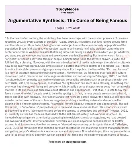 Argumentative Synthesis The Curse Of Being Famous Free Essay Example