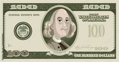 One Hundred Dollar Bill With Benjamin Franklin Cartoon Stock Vector