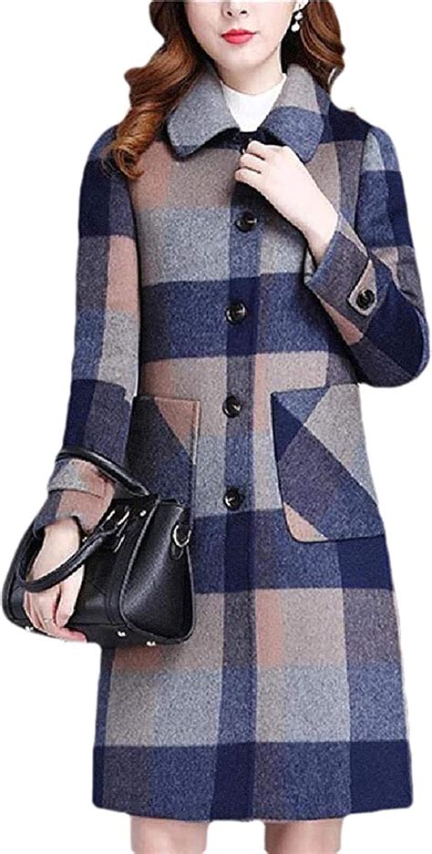 Womens Wool Plaid Jacket Loose Long Single Breasted Woolen Coat Winter