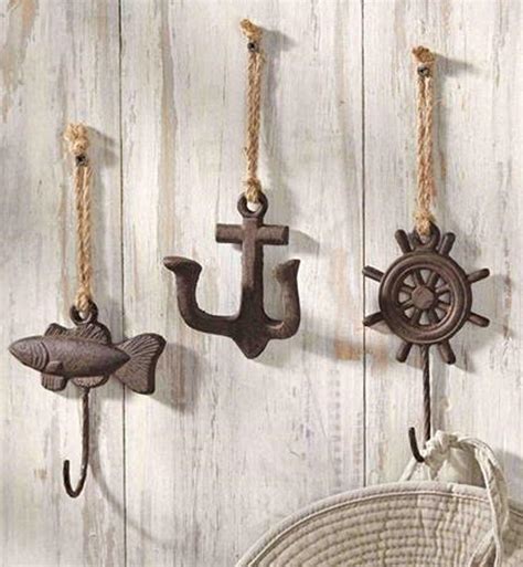 Hooks are hand crafted out of wrought iron. Nautical Wall Hooks Set of 3, Fish, Anchor, Boat Wheel ...