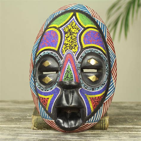 Unicef Market Beaded Black Wood African Mask With Brass Inlay
