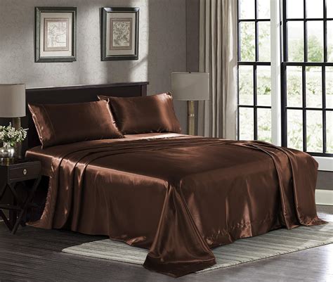 Satin Sheets Full [4-Piece, Brown] Hotel Luxury Silky Bed Sheets - Extra Soft 1800 Microfiber ...