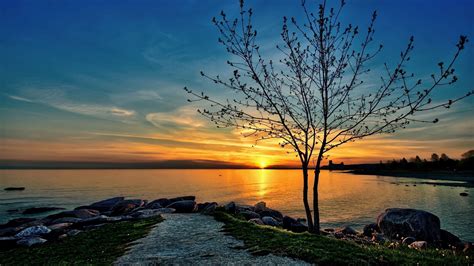 1920x1080 Nature Landscape Sunset Hdr Water Trees Lake Wallpaper And