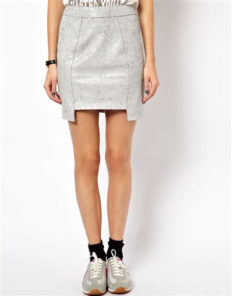 Asos Mini Skirt In Cracked Leather With Stepped Hem In Beige Cream Lyst