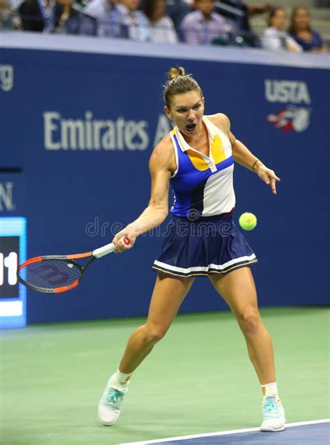 Professional Tennis Player Simona Halep Of Romania In Action During Her Us Open 2017 First Round