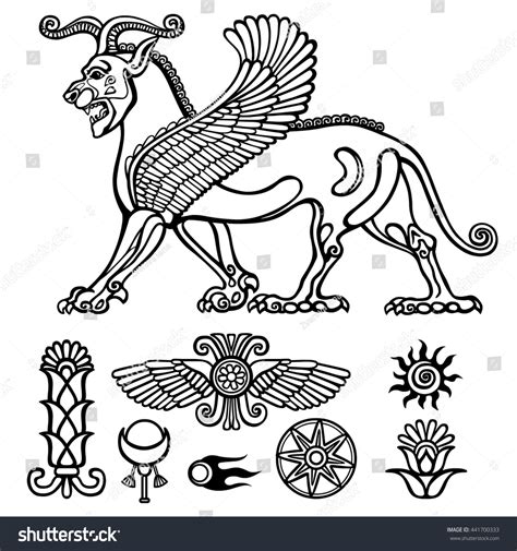 Image Assyrian Winged Animal Horned Lion Stock Vector 441700333