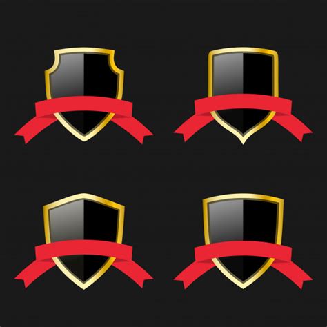 Premium Vector Black And Gold Shields Set With Red Ribbons