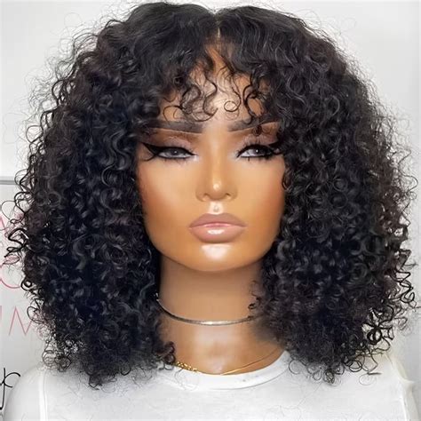 Amazon Com Oulaer Short Bob Kinky Curly Human Wig With Bang Lace