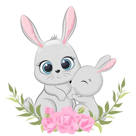 Cute Mother Rabbit And Baby With Flowers And A Wreath Vector
