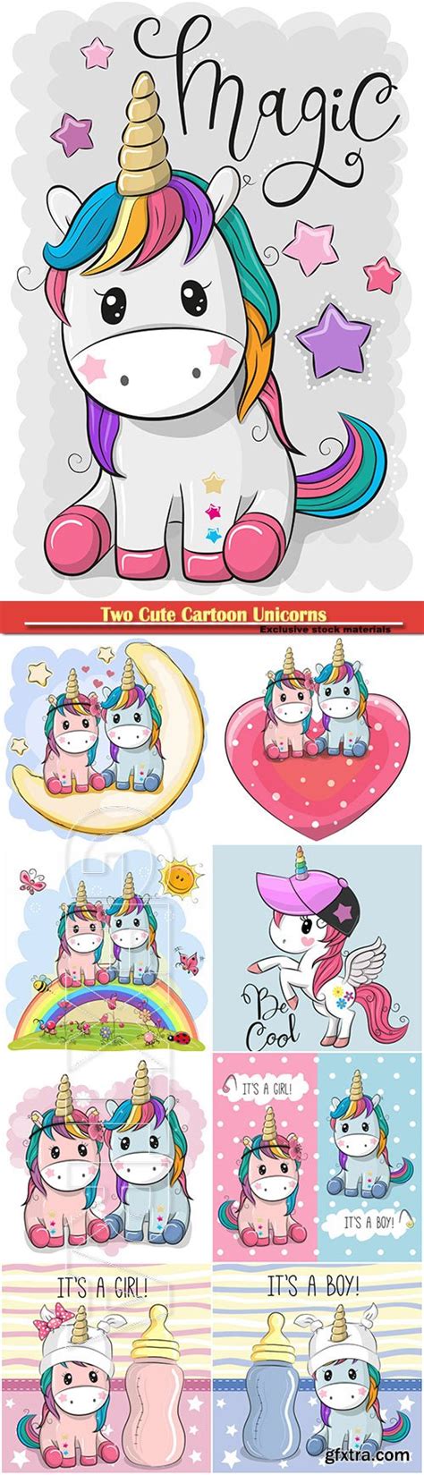 Two Cute Cartoon Unicorns On A Heart Background Gfxtra
