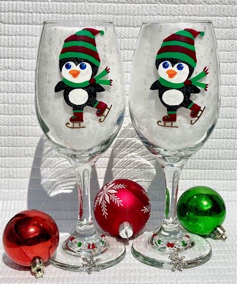 Christmas Wine Glasses Hand Painted Penguins On Skates In The Snow Set Of 2 Holiday Wine