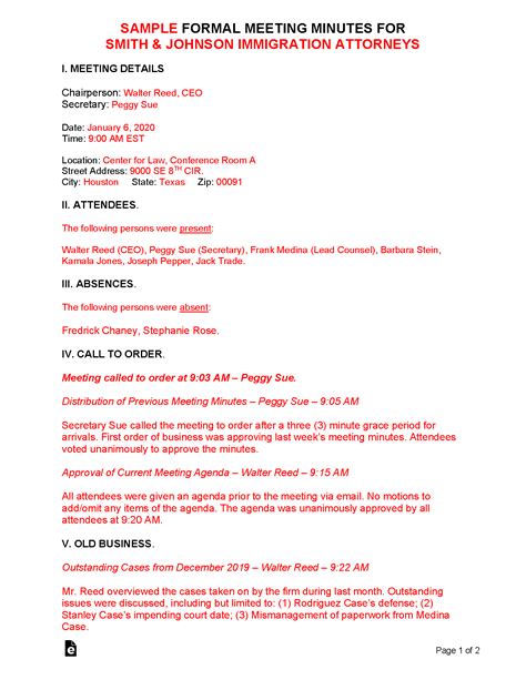 Free Formal Meeting Minutes Template Sample Pdf Word Eforms