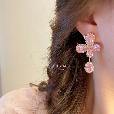 925 Silver Needle Sweet Pink Diamond Butterfly Drop Earrings Fashion