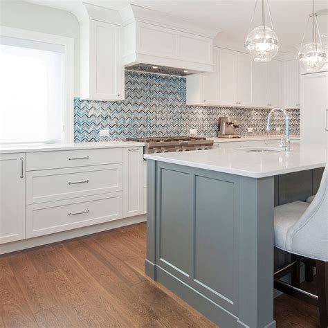 White Kitchen Cabinets Quartz Countertop Chevron Blue