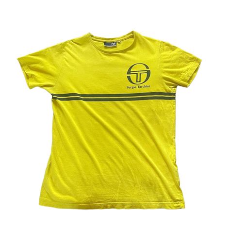 Sergio Tacchini Mens Yellow And Black T Shirt Depop