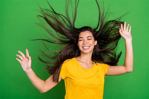 Photo Portrait Of Dreamy Girl With Long Brunette Hair Flying Wind