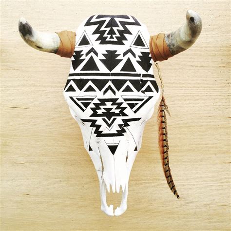 Black White Hand Painted Navajo Geometric Cow Skull By Huntedfoxshop