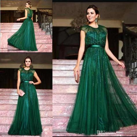 Elegant Emerald Green Evening Dresses A Line Sequins Tulle