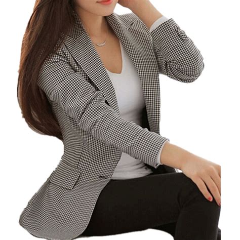 autumn women s blazers jackets suit woman long sleeve work wear white black plaid blazer plus