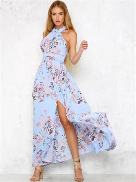 Blue Halterneck Floral Split Side Maxi Dress Maxi Dress Cute Dresses Summer Maxi Dress