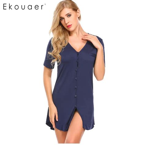 Ekouaer Women Sexy Nightgown Sleepshirts Short Sleeve Button Shirt