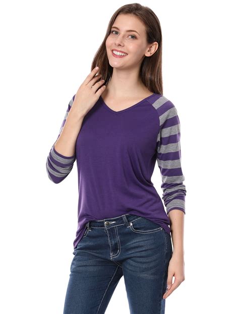 Unique Bargains Womens Long Raglan Sleeves V Neck Striped Tee Shirt