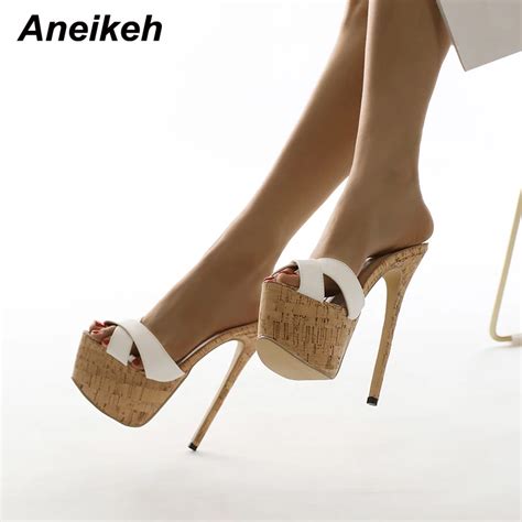 Aneikeh Summer New Fashion Ultra High Sexy Mule Slippers Women Shoes Pu Platform Party Rome