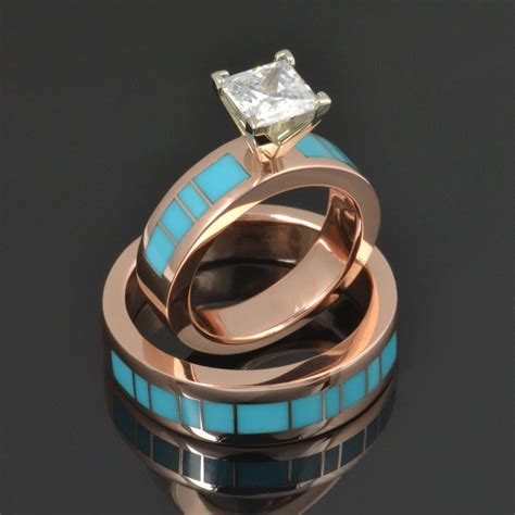 Custom Rose Gold Diamond And Turquoise Engagement Ring With A Matching