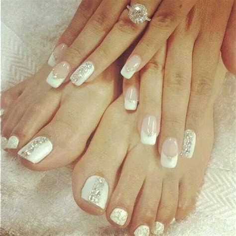 Matching Manicure Pedicure Gems Jewels Glitter Angled French Wedding Nails Design Bride