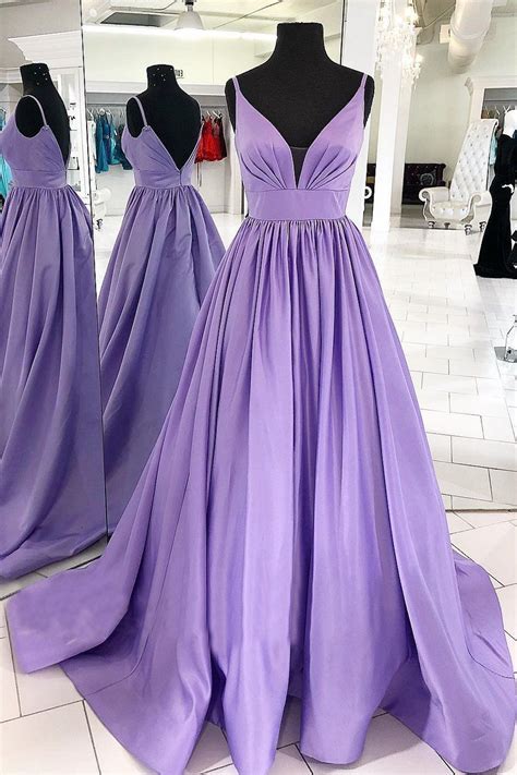 Sp1950 Purple Spaghetti Straps Long Prom Dress V Neck Satin Ball Gown · Sofieprom · Online Store