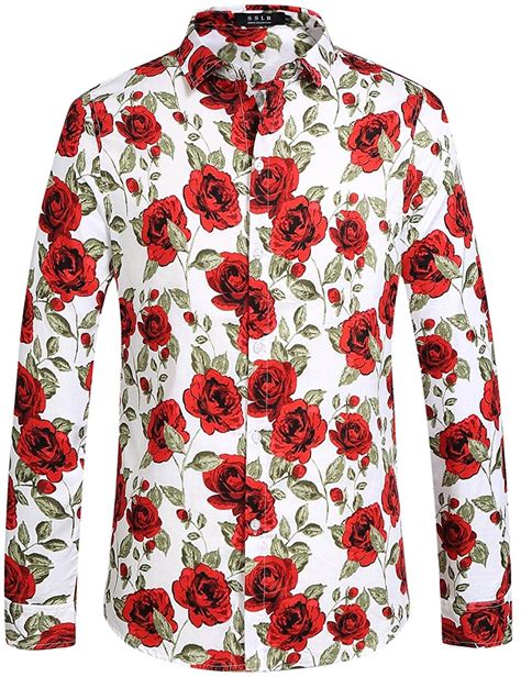 Men S Rose Printed Button Down Casual Long Sleeve Shirt White Rose