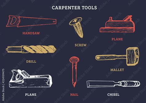 Vector Drawing Of Carpentry Tools Illustration Of Wood Works Equipment