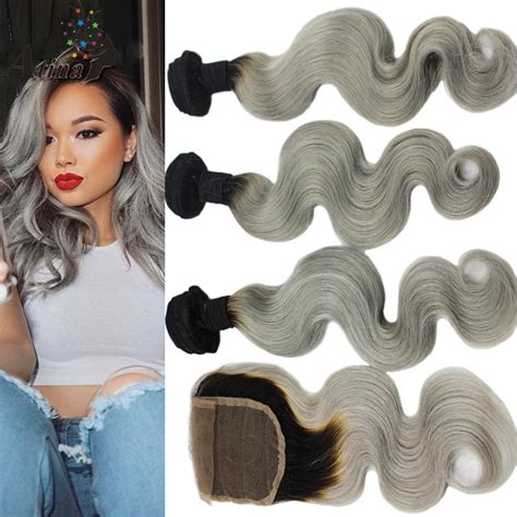 1b Grey Bundles With Closure Peruvian Body Wave Silver Gray Remy Hair