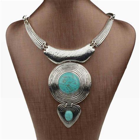 Genuine Turquoise Fashion Necklace For Women 2015 Tibetan Silver Statement Necklace Pendant