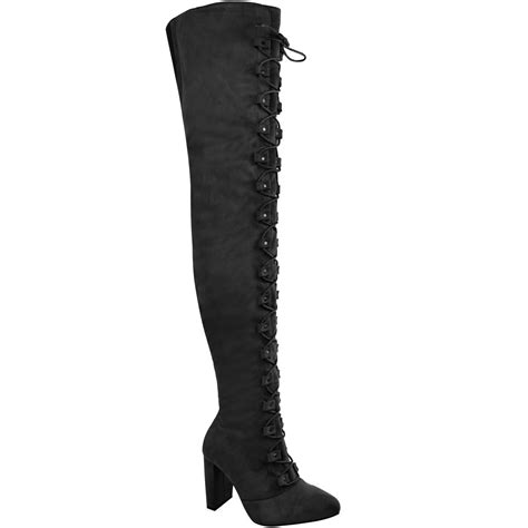 womens ladies thigh high over the knee boots lace up block heels winter shoes uk ebay