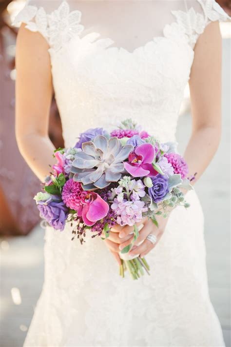 Succulents are some of the brightest colored leafy plants. Bright Purple Orchid, Dahlia and Succulent Bridal Bouquet
