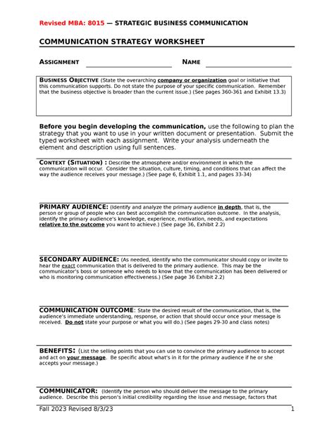 Communication Strategy Worksheet 1 Revised Mba 832023 Revised Mba