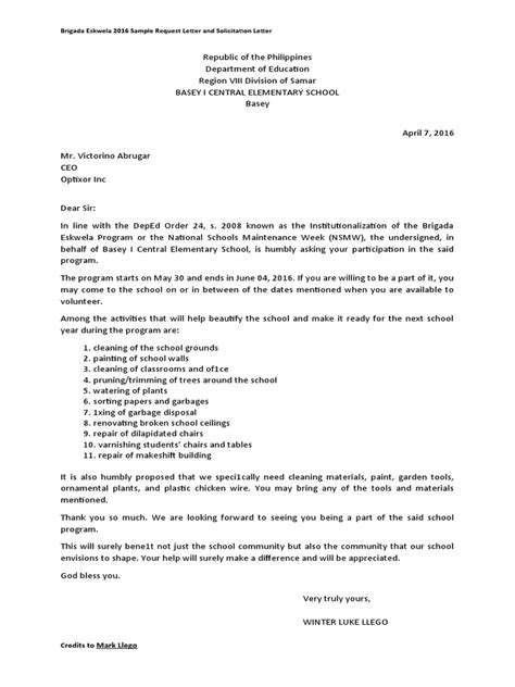 Brigada Eskwela Sample Request Letter And Solicitation Letter Pdf