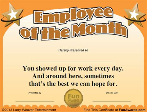 Employee Of The Month Certificate Free Funny Award Template