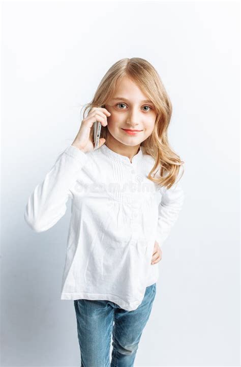 Beautiful Teen Girl Talking On Mobile Phone Photo Studio Isolated