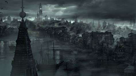 배경 화면 보트 단색화 어두운 시티 도시 풍경 반사 안개 강 유령선 날씨 어둠 스크린 샷