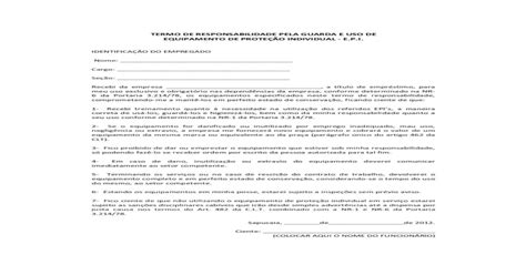 Termo De Responsabilidade Pela Guarda E Uso De Epi Pdf Document