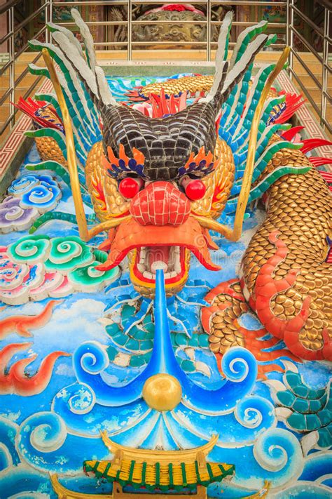 Colorful Dragon Sculpture At The Entrance Stair In Chinese Temple Stock