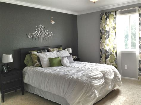 Grey Master Bedroom - dark accent wall, fun patterned curtains (with ...