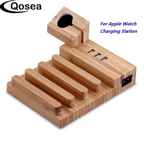 Qosea Bamboo Wood Usb Charging Station Desk Stand Charger 4 Usb Ports