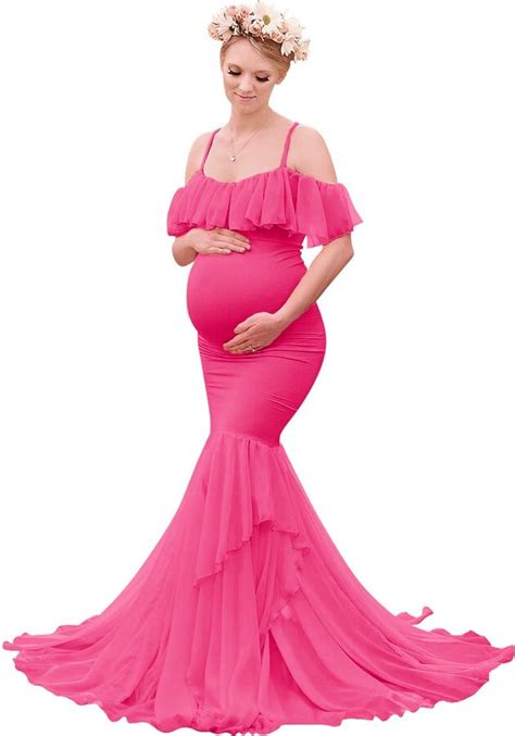 fymnsi maternity off shoulder photo shoot dress elegant ruffle fitted gown spaghetti strap slim