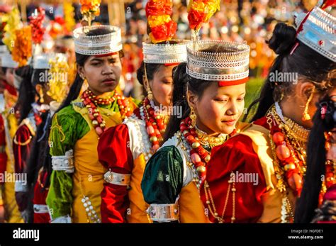 Shillong Meghalaya Circa April 2012 Young Girls Wear Traditional Colourful Costumes With