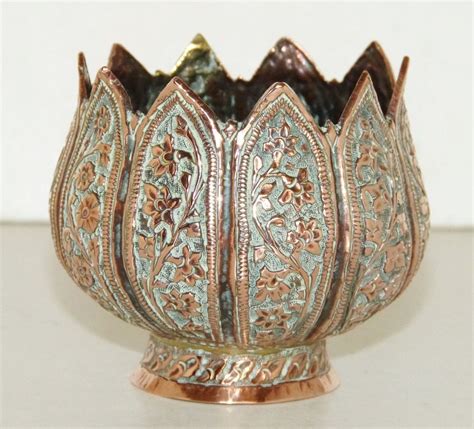 Antique Kashmiri Copper Lotus Flower Bowl Islamic Middle Eastern Persian Indian Flower Bowl
