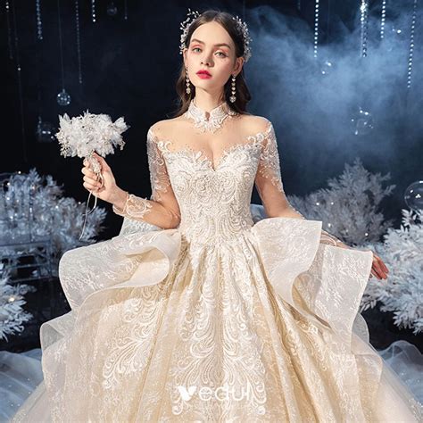 Vintage Retro Champagne See Through Bridal Wedding Dresses 2020 Ball