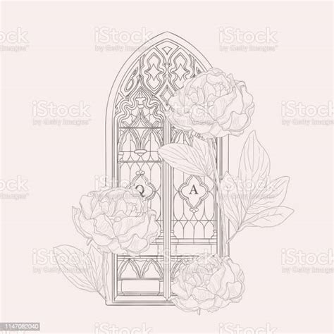 Vector Hand Drawn Old Gothic Window Illustration Stock Illustration